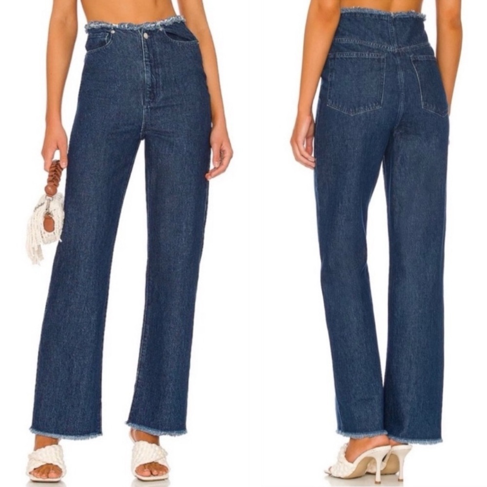 WeWoreWhat Indigo Denim Frayed WB Straight Wide Leg Jeans 31